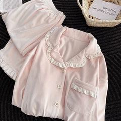 Sweet Pink Ruffle Trim Ladies Sleepwear, 2 Piece Long Sleeve Top & Pants Cozy Home Pajamas