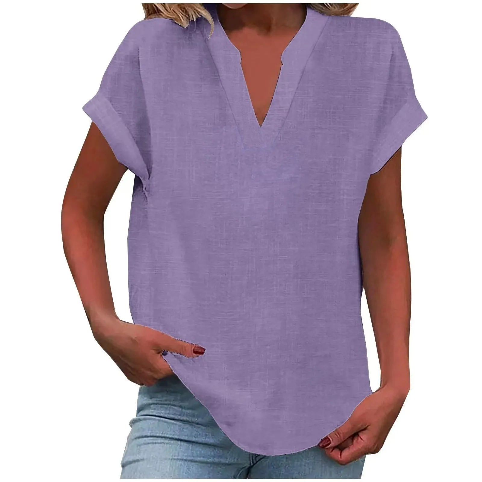 Notched V Neck Cuffed Short Sleeve Loose Cotton Linen Blouse