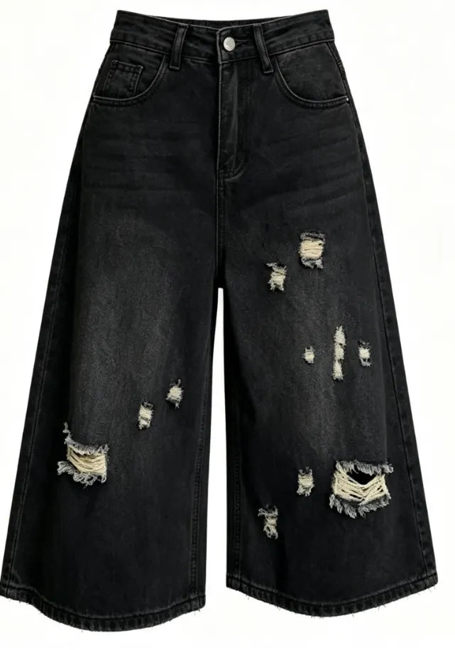 High Waist Ripped Wide Leg Cropped Jeans