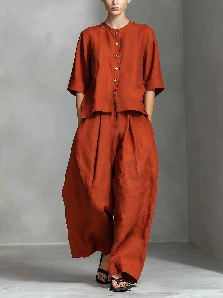Linen Blend Two-Piece Set, Button-Down Top and Wide Leg Pants