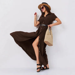 Lapel Single Breasted Short Sleeve Solid A-Line Maxi Shirt Dress