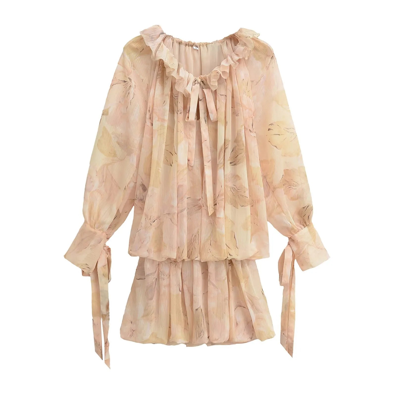Floral Print Ruffle Tie Neck Long Sleeve A-Line Mini Dress