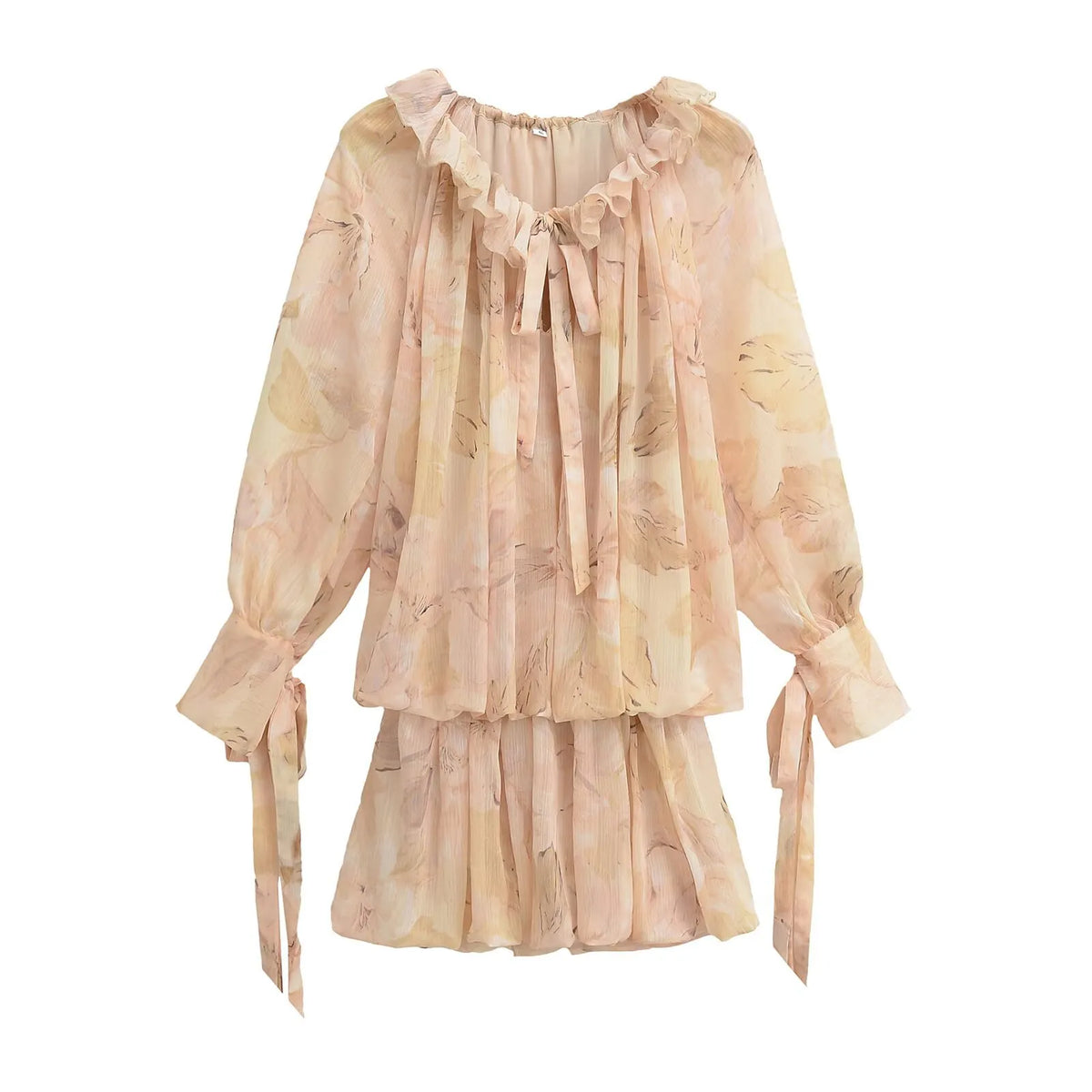 Floral Print Ruffle Tie Neck Long Sleeve A-Line Mini Dress