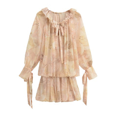 Floral Print Ruffle Tie Neck Long Sleeve A-Line Mini Dress