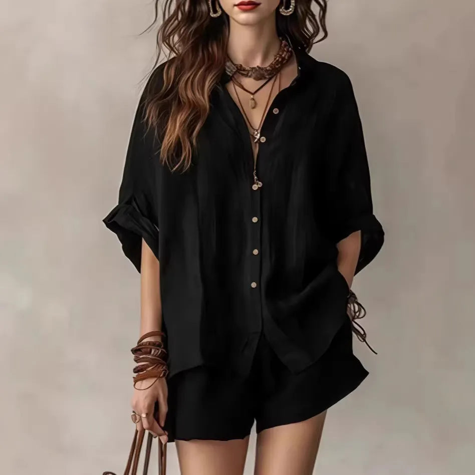 Collared Roll Sleeve Oversized Linen Shirt + Elastic Waist Shorts 2 Piece Casual Set