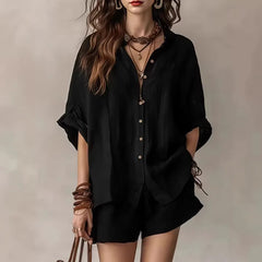 Collared Roll Sleeve Oversized Linen Shirt + Elastic Waist Shorts 2 Piece Casual Set