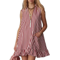 V-Neck Sleeveless Striped Ruffle Hem Loose A-Line Mini Dress