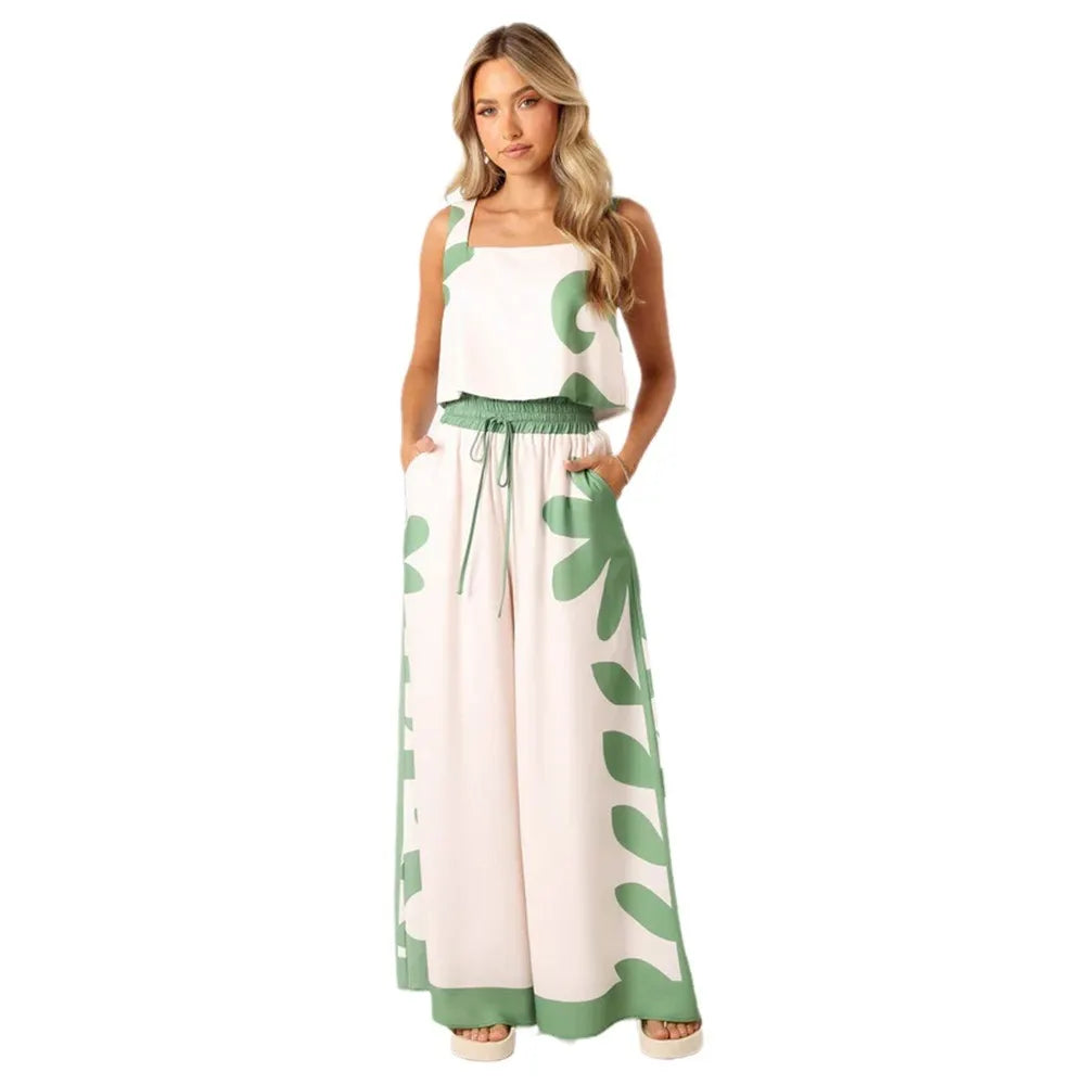 Green White Floral Print Sleeveless Top & Wide Leg Pants Two Piece Set