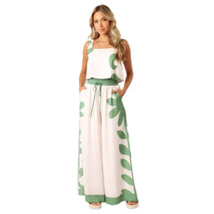Green White Floral Print Sleeveless Top & Wide Leg Pants Two Piece Set