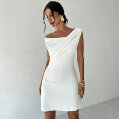 Off Shoulder Ruched Stitching High Waist Solid H-Type Bodycon Mini Dress