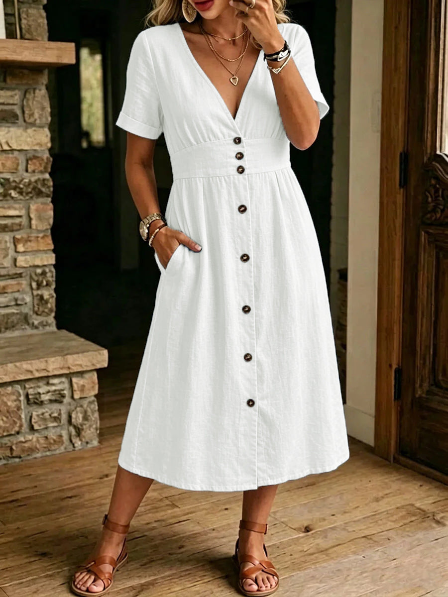 V-Neck Button Front Short Sleeve Midi Dress