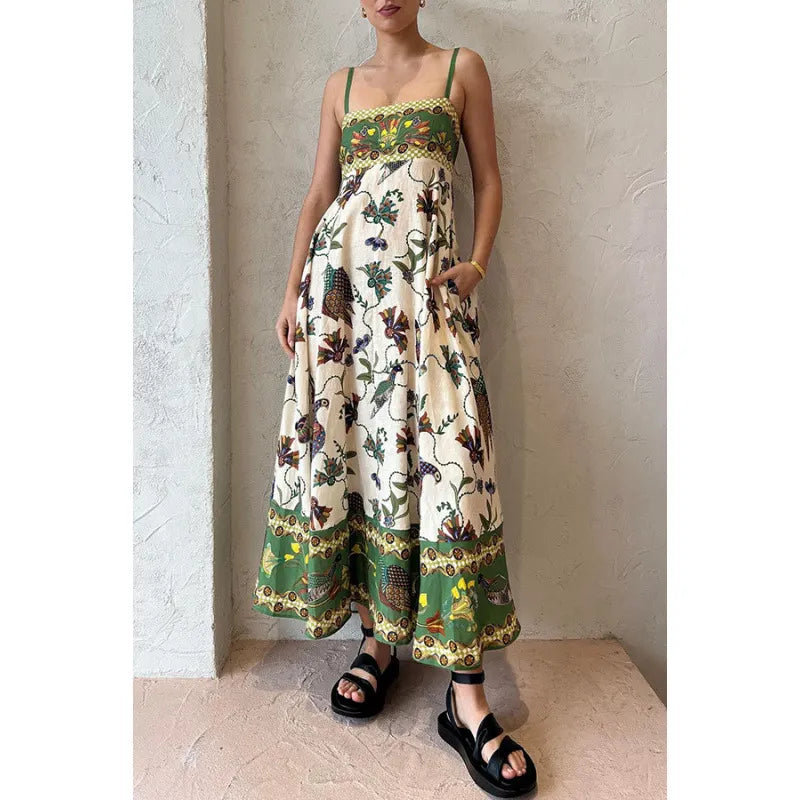 Whimsical Art Print Spaghetti-Strap Maxi Dress