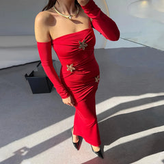 One-Shoulder Ruched Maxi Dress with Rhinestone Embellishments