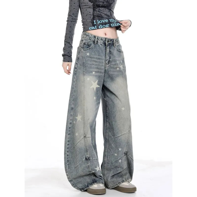 High Waist Star Print Wide Leg Jeans
