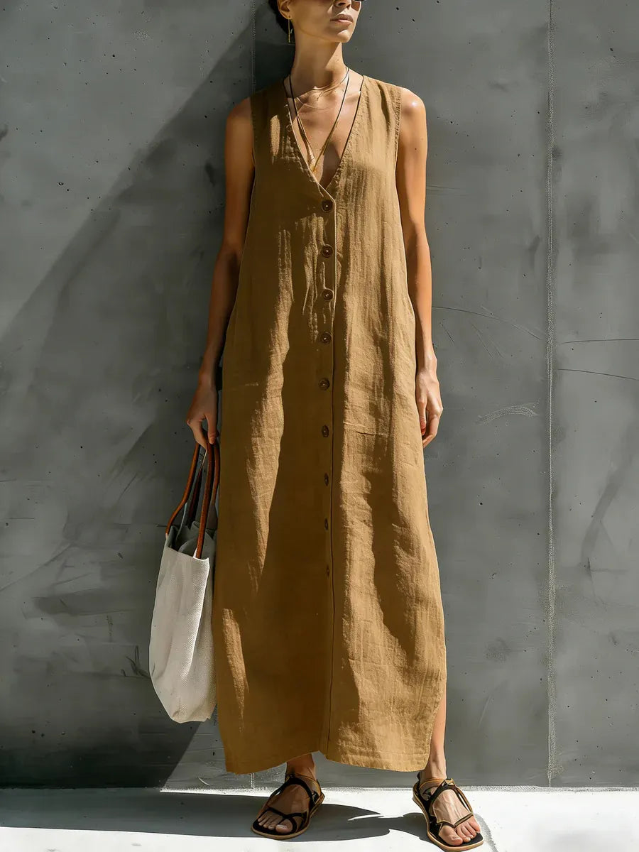 Solid V-Neck Sleeveless Button Front Casual Maxi Dress