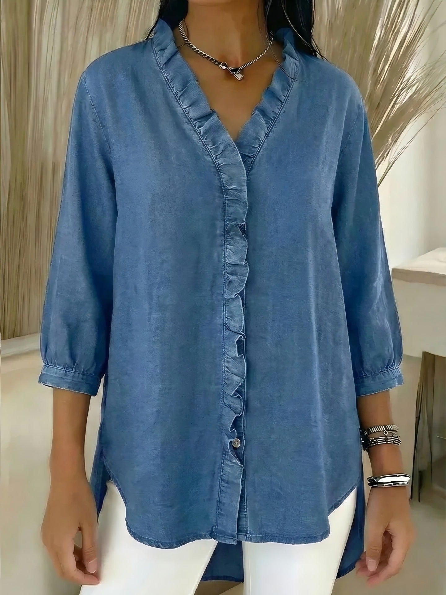 Ruffled V-Neck Three-Quarter Sleeve Blouse