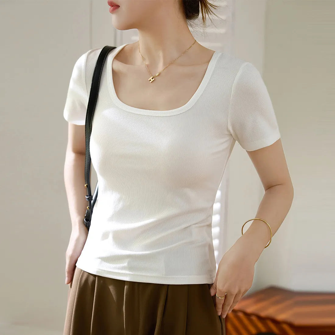 Square Neck Ribbed Short Sleeve T-Shirt,