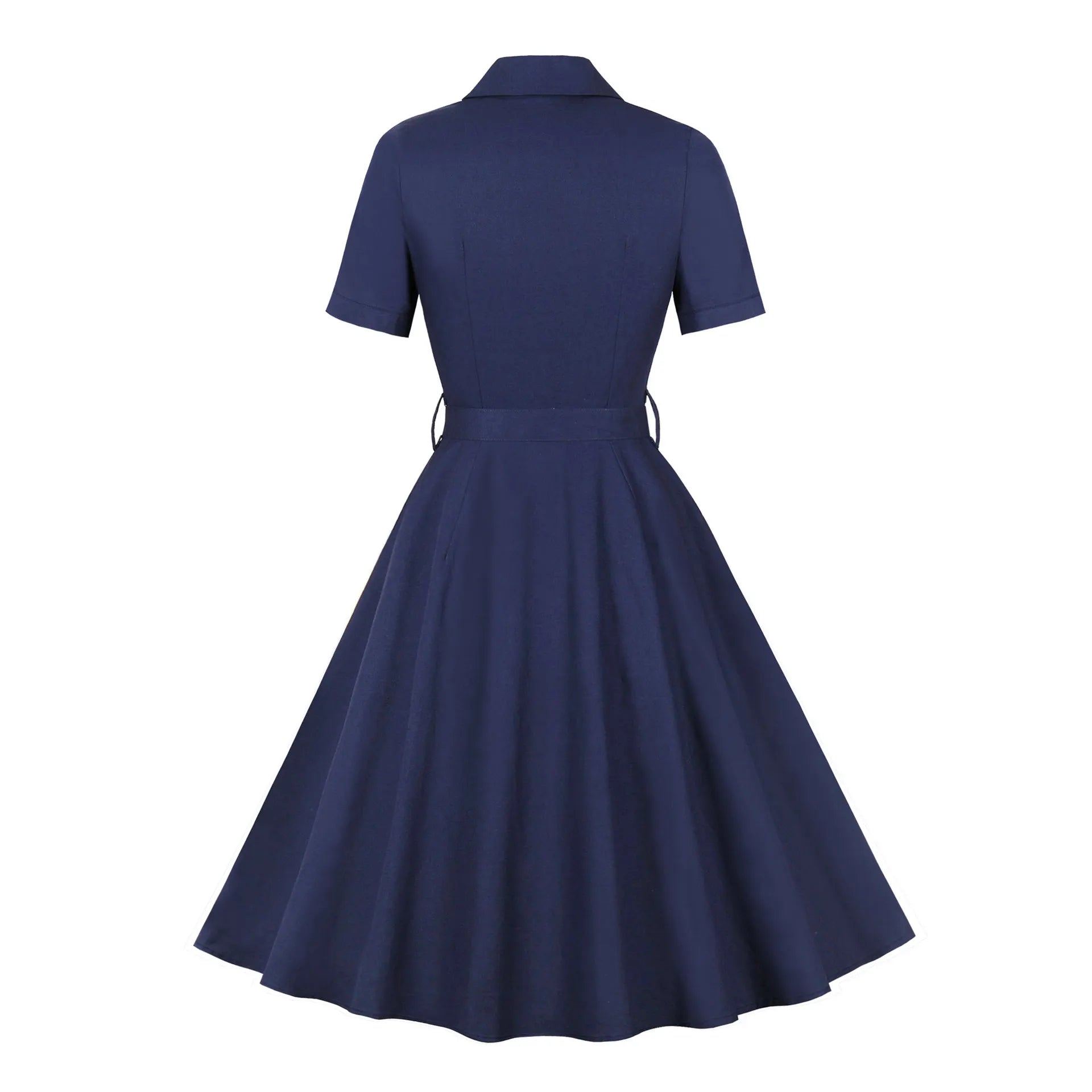 Lapel Short Sleeve Button Front Belted Vintage Swing Midi Dress