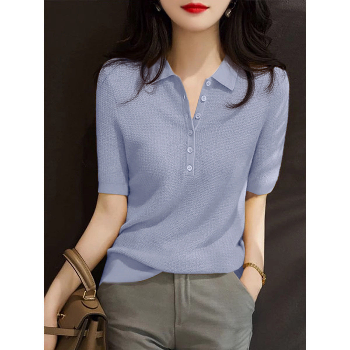 Knit Polo Shirt, Short Sleeve Button Down Casual Blouse