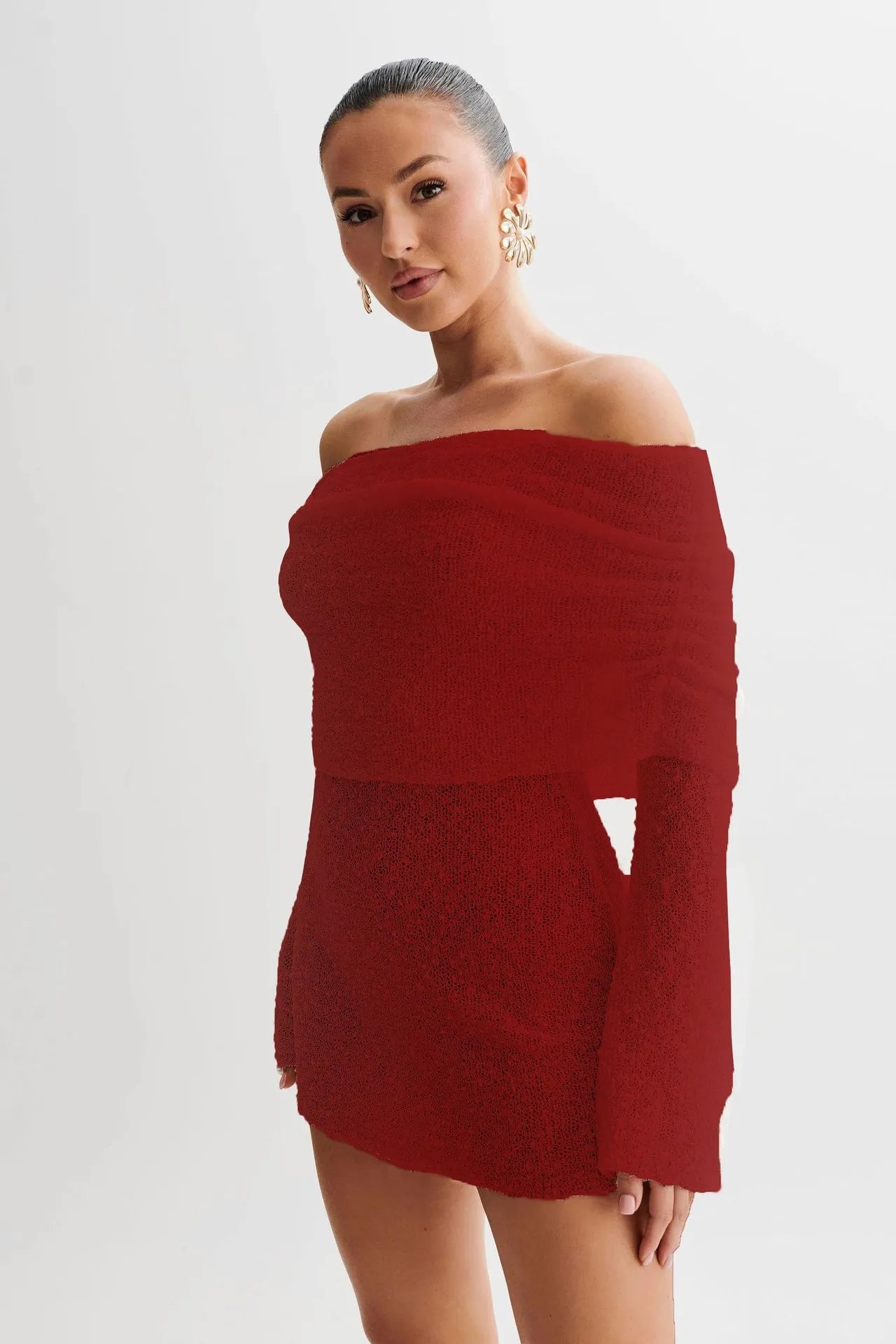 Blue Off-Shoulder Foldover Neck Mini Dress - Bell Sleeve Knit Bodycon Dress
