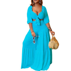 Solid Tie-Front Crop Top & Wide-Leg Pants Two-Piece Set