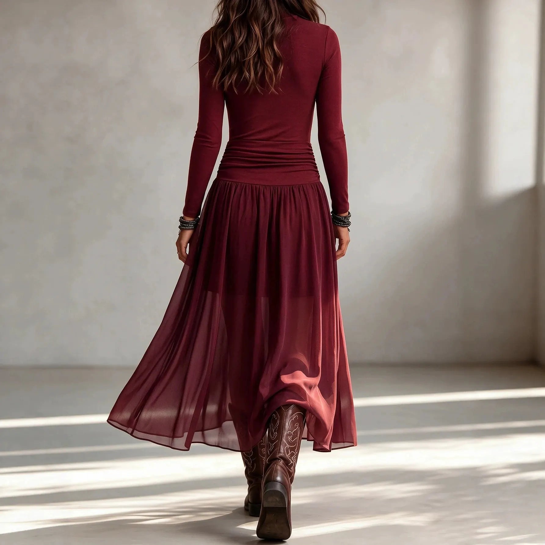 Crew Neck Pleated Maxi Dress
