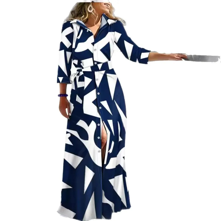 Geometric Print Belted Long Sleeve Maxi Shirt Dress