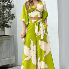 Floral Print V Neck Tie Crop Top & Wide Leg Pants Two Piece Set
