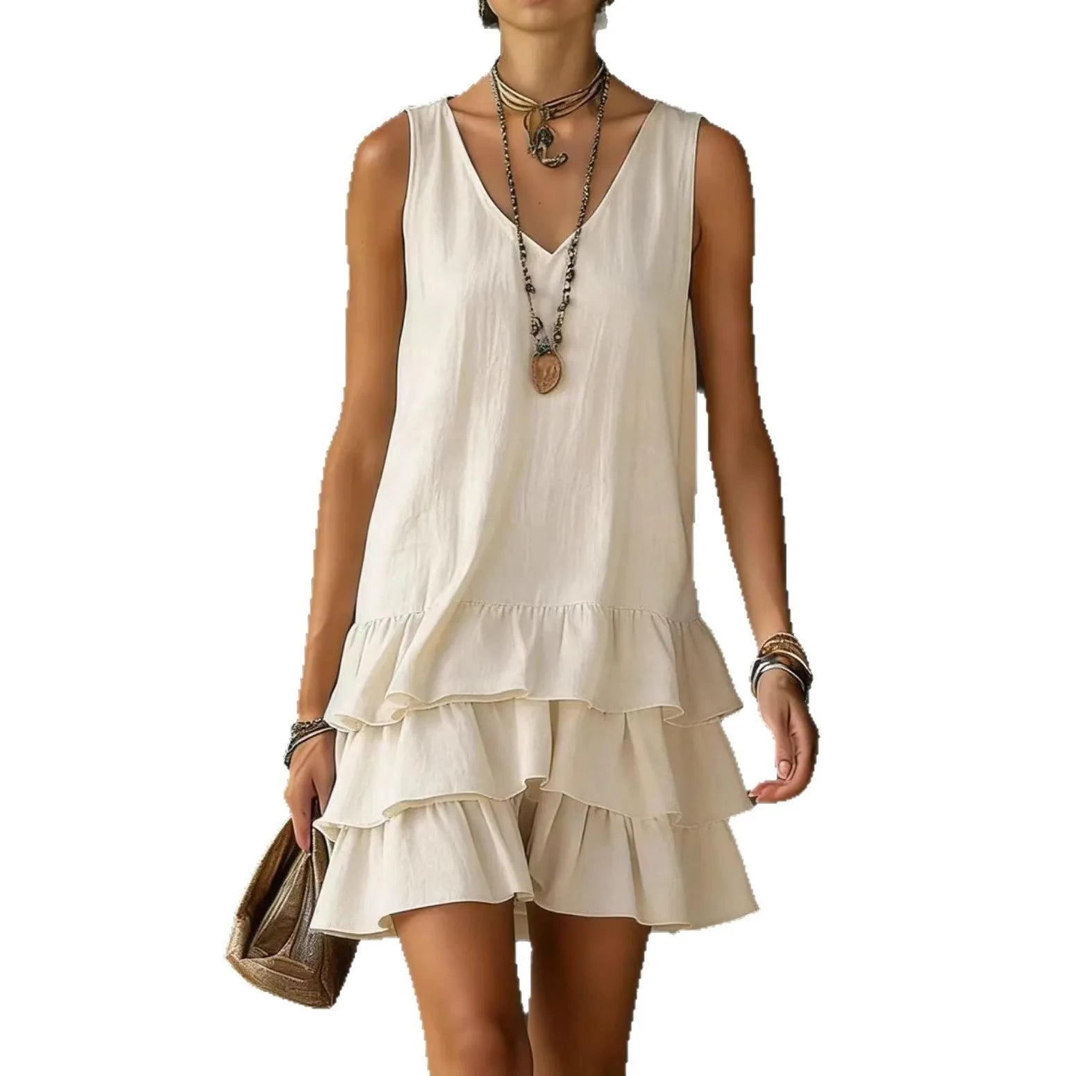 Sleeveless V-Neck Loose Tiered Ruffle Hem Solid Casual Mini Dress