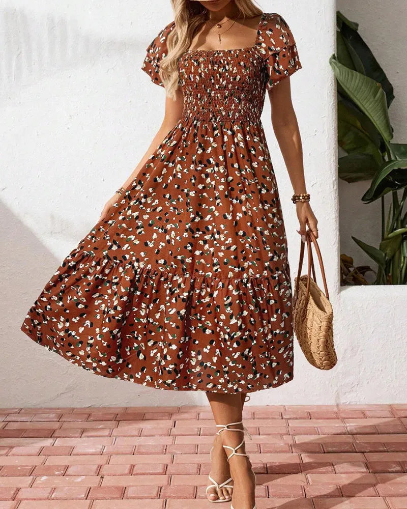 Square Neck Ruffle Sleeve Leopard Print Smocked Waist Midi Dress