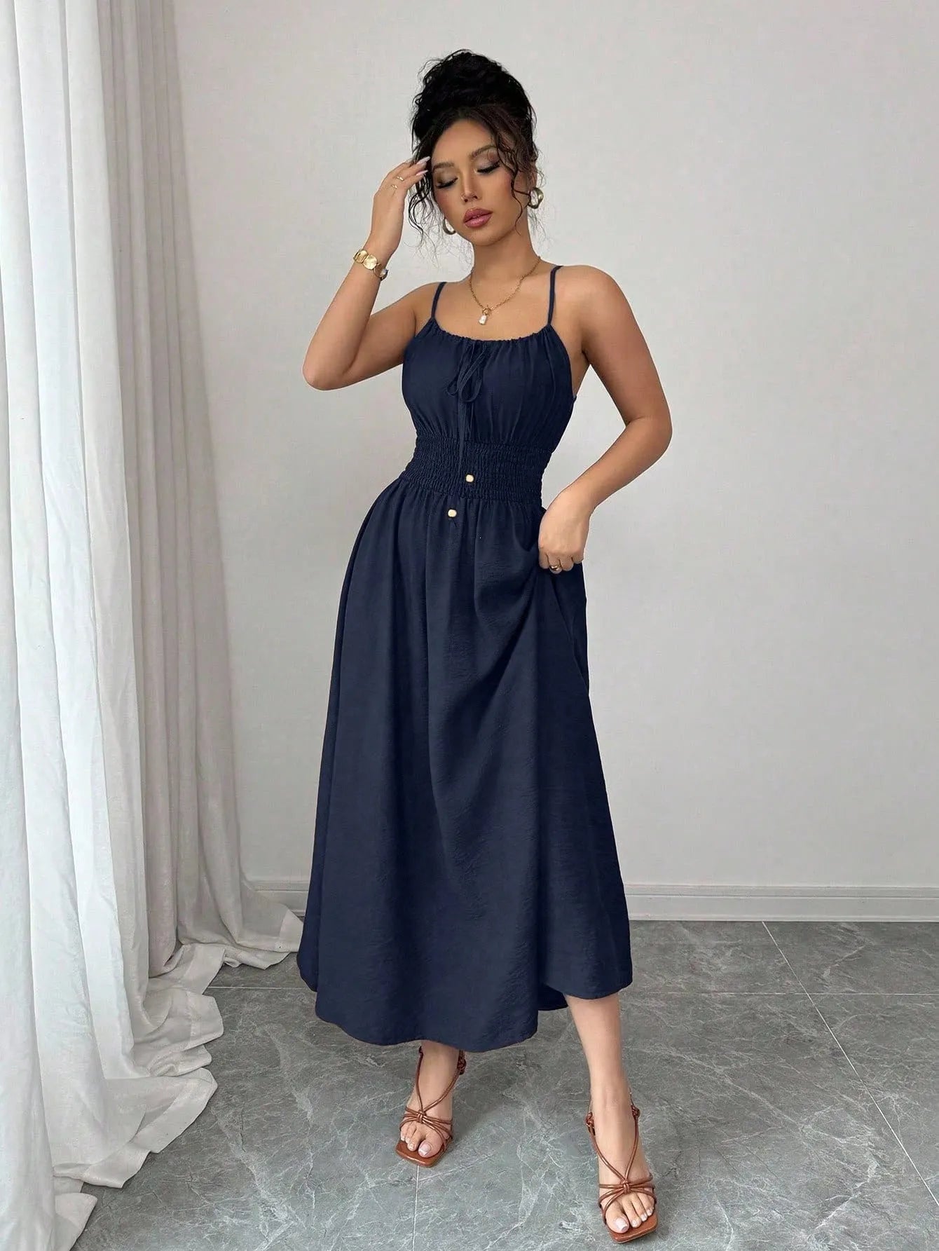 One-Shoulder Spaghetti Strap Smocked Elastic Waist Solid A-Line Maxi Dress