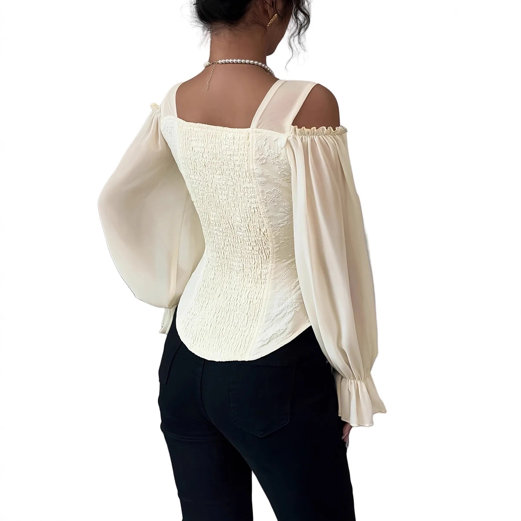 Floral Embroidery Cold Shoulder Puff Sleeve Blouse