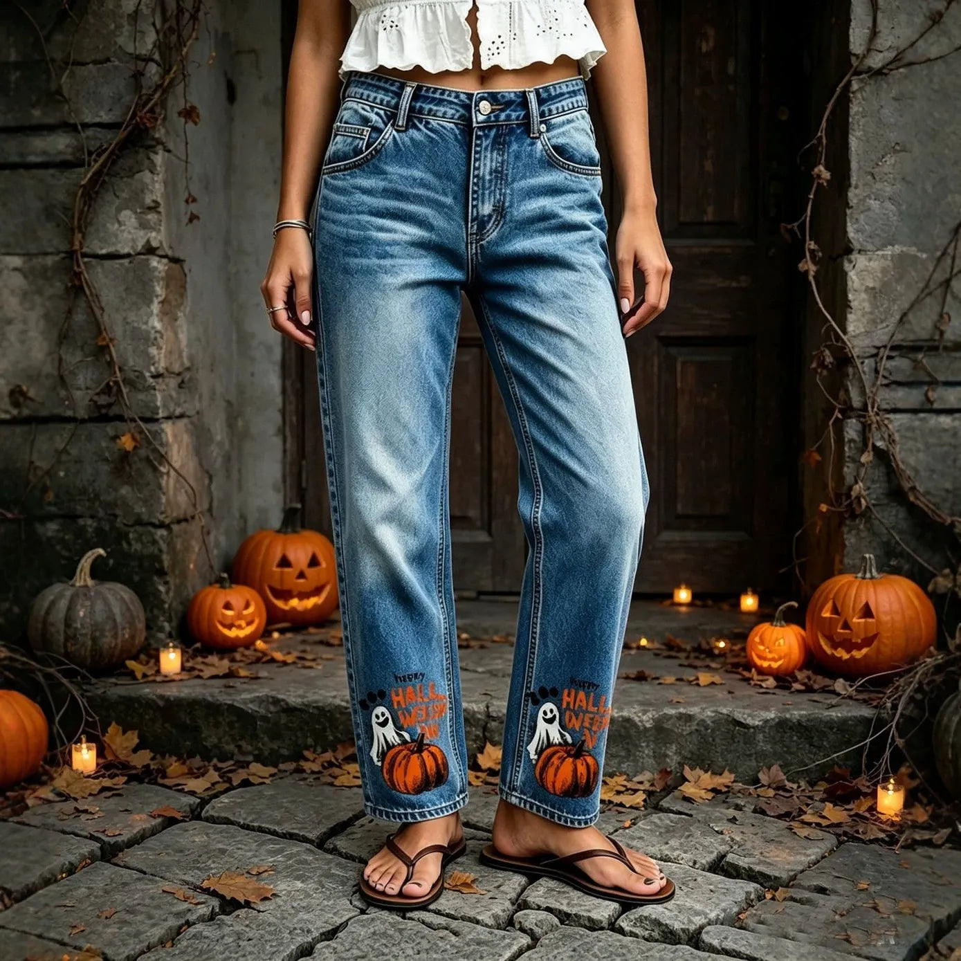 Halloween Ghost Pumpkin Printed Straight Jeans
