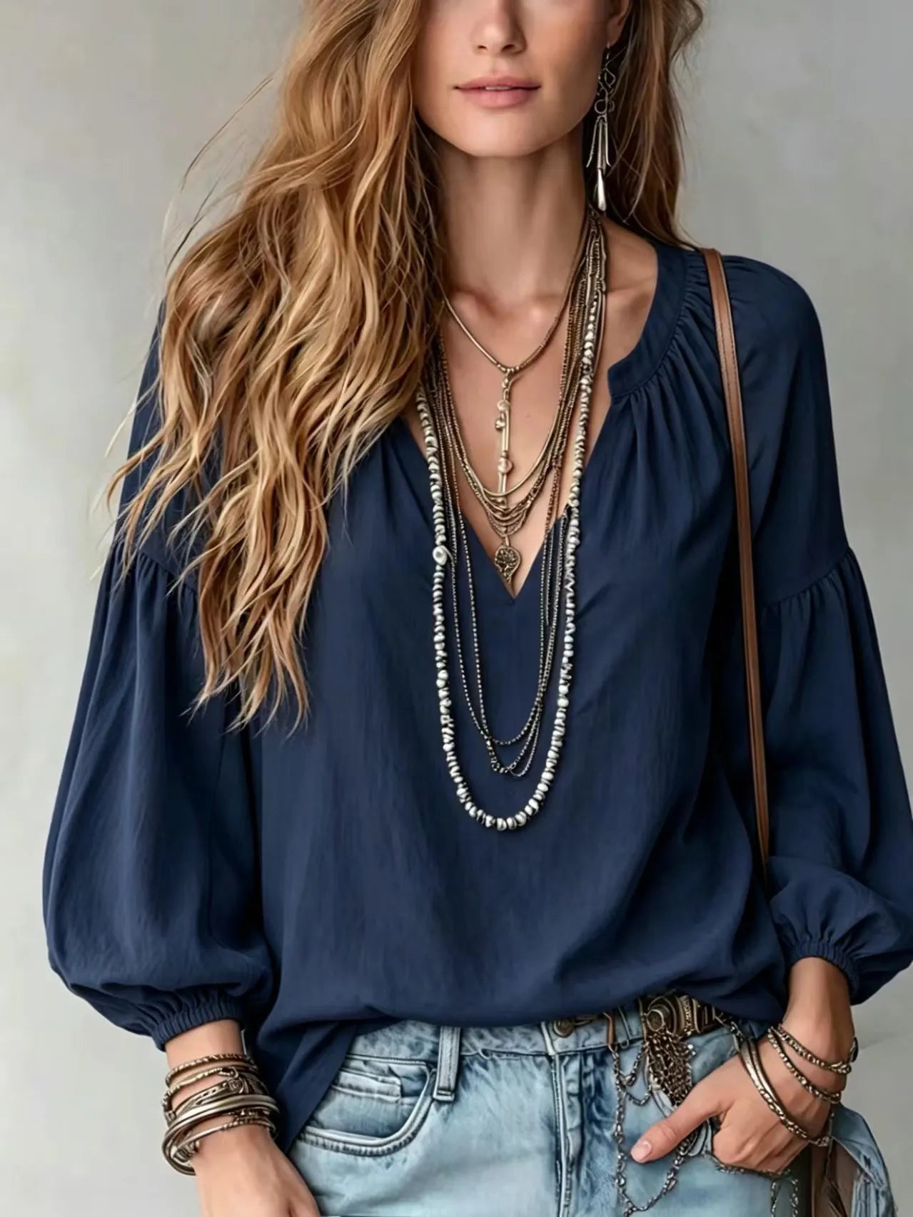 Notched V Neck Puff Sleeve Elastic Cuff Relaxed Fit Shirt