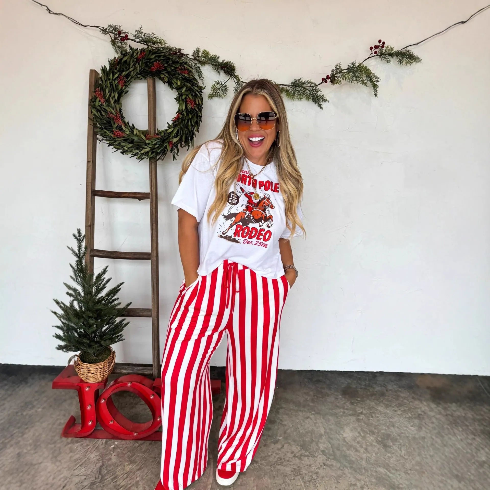 Vertical Stripe Drawstring Wide Leg Casual Pants