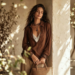 Lapel Solid Brown Non-Stretch Oversized Long Sleeve Casual Shirt
