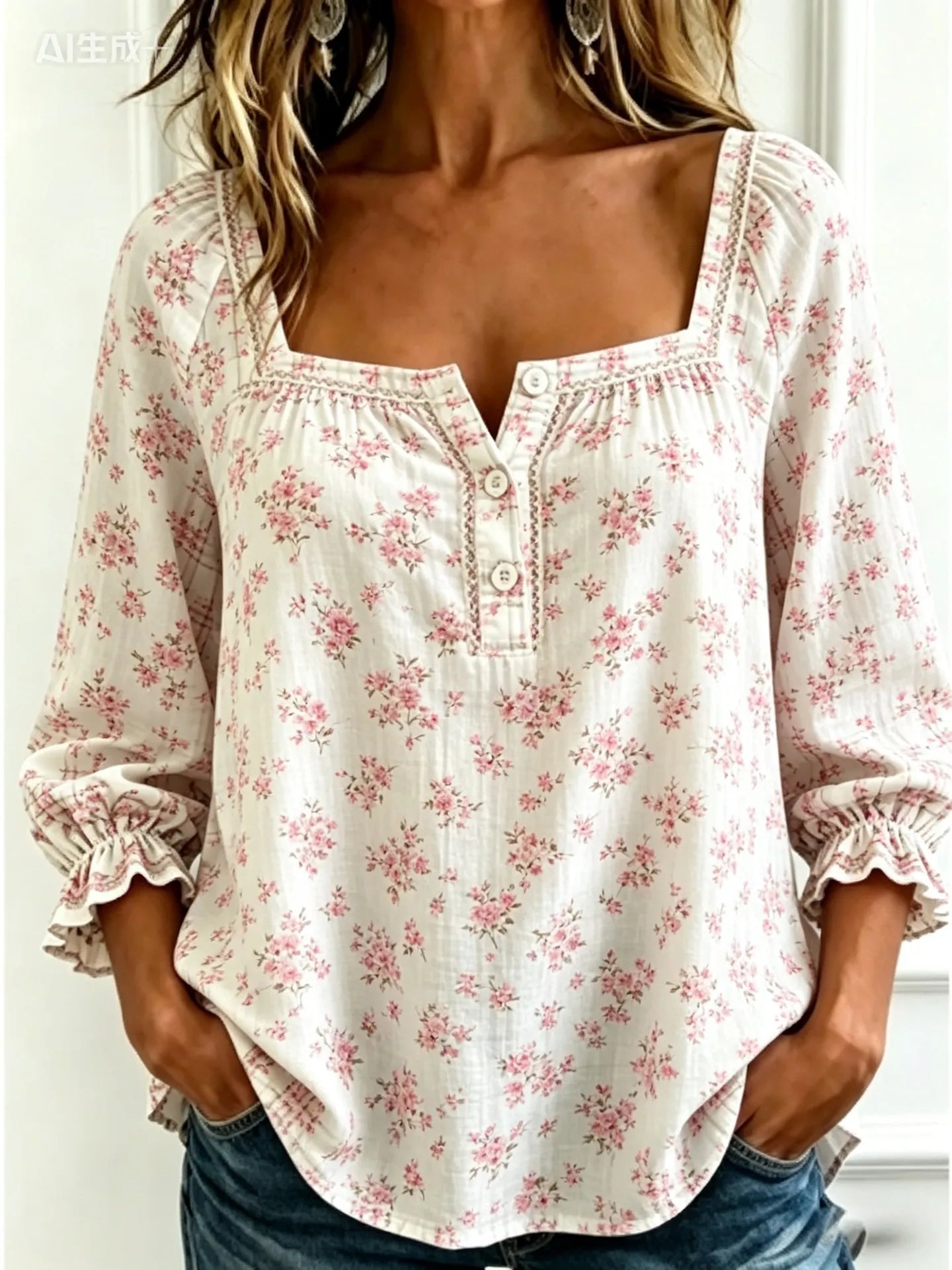 Plaid Square Neck Button Front Bubble 7/4 Sleeve Loose Casual Blouse
