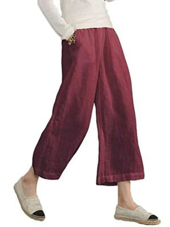 Navy Elastic High Waist Linen Cropped Wide Leg Pants