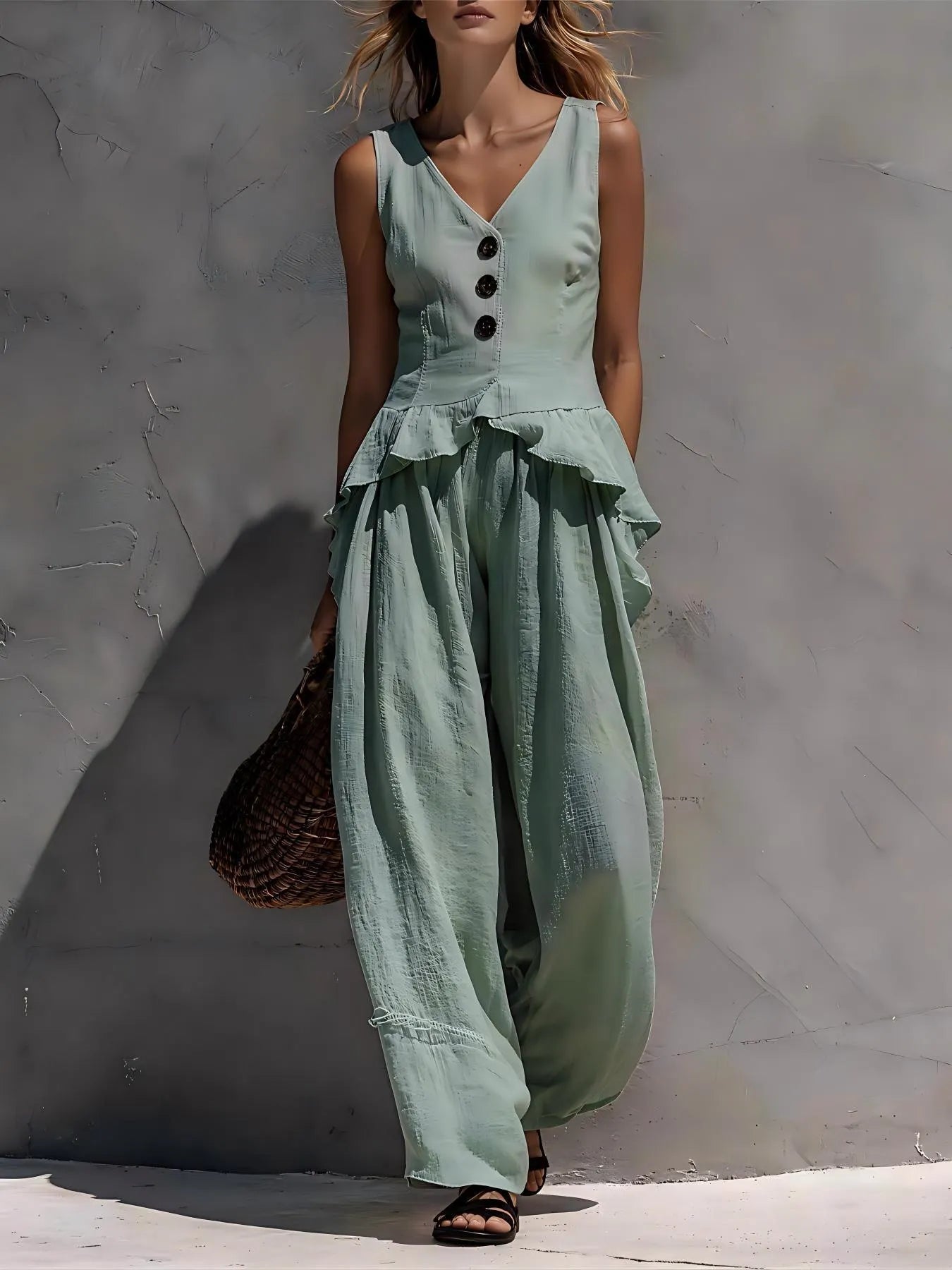 White Ruffled V-Neck Tank & Wide-Leg Pants Set
