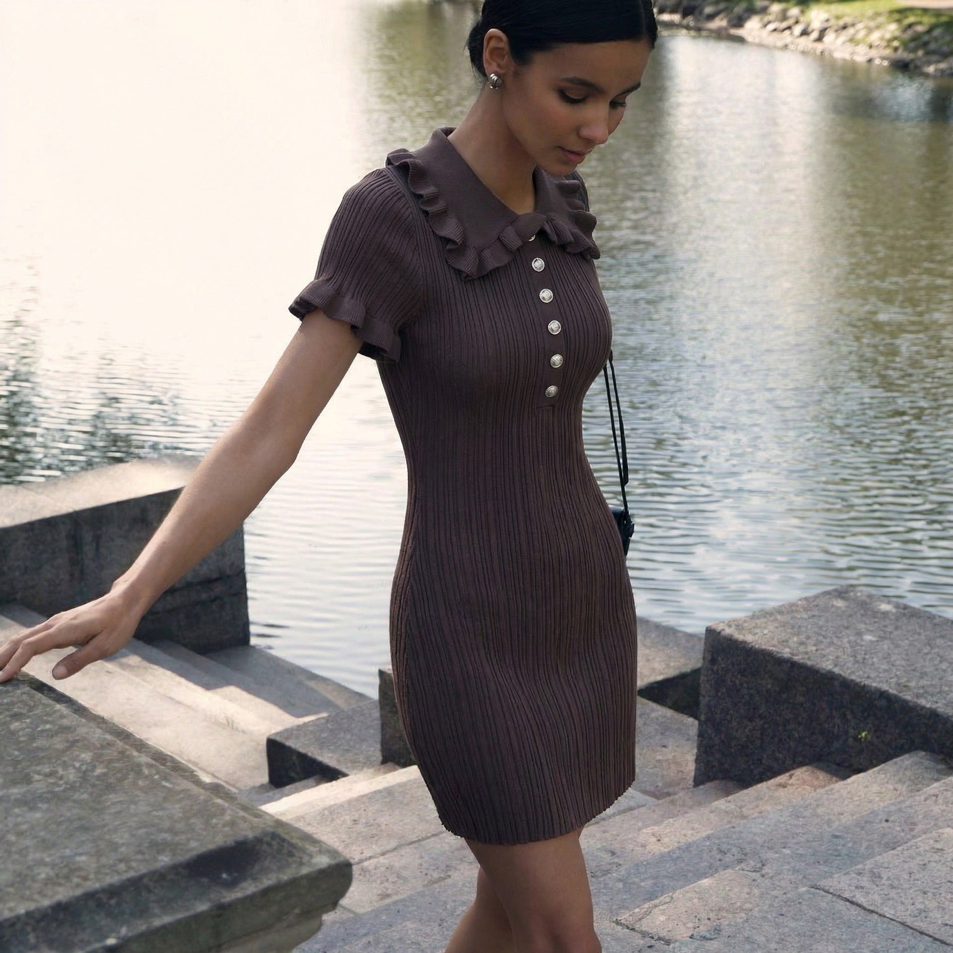 Pale Yellow Ruffle Collar Ribbed Knit Bodycon Mini Dress