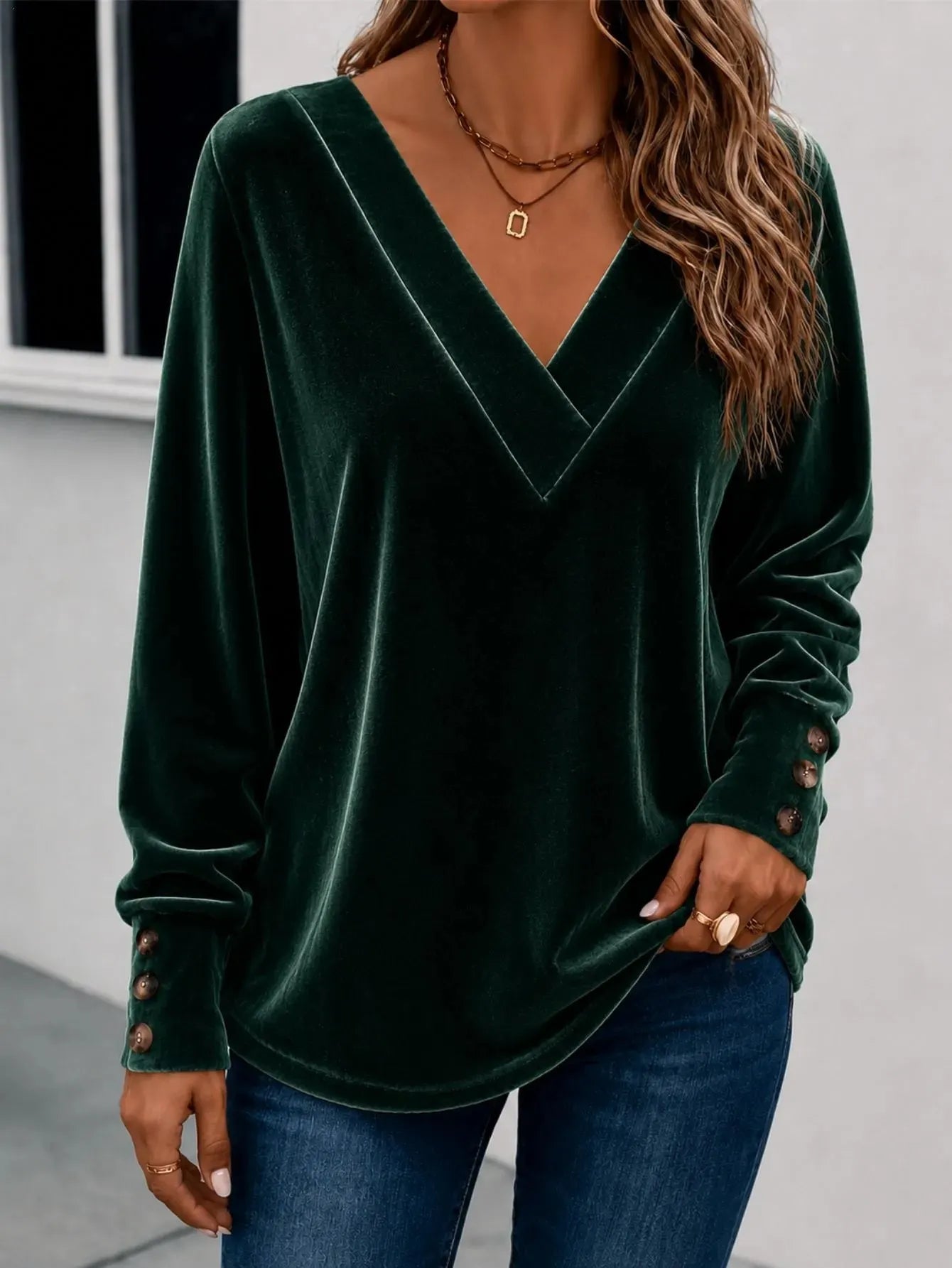 V Neck Velvet Long Sleeve Casual Top
