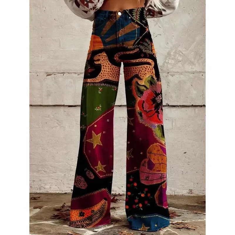 High Waist Western Cowboy Horse Print Wide Leg Pants