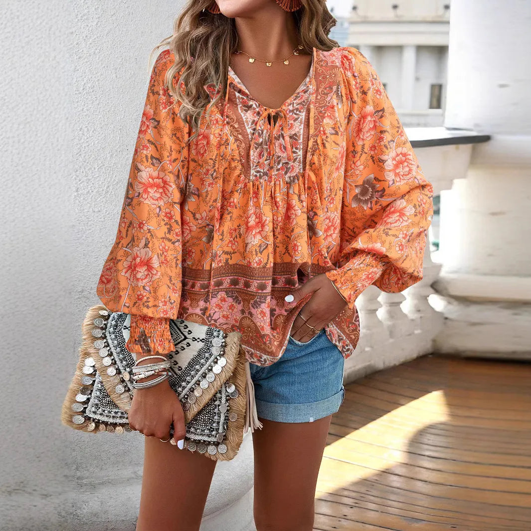 Boho Floral V-Neck Long Sleeve Loose Blouse