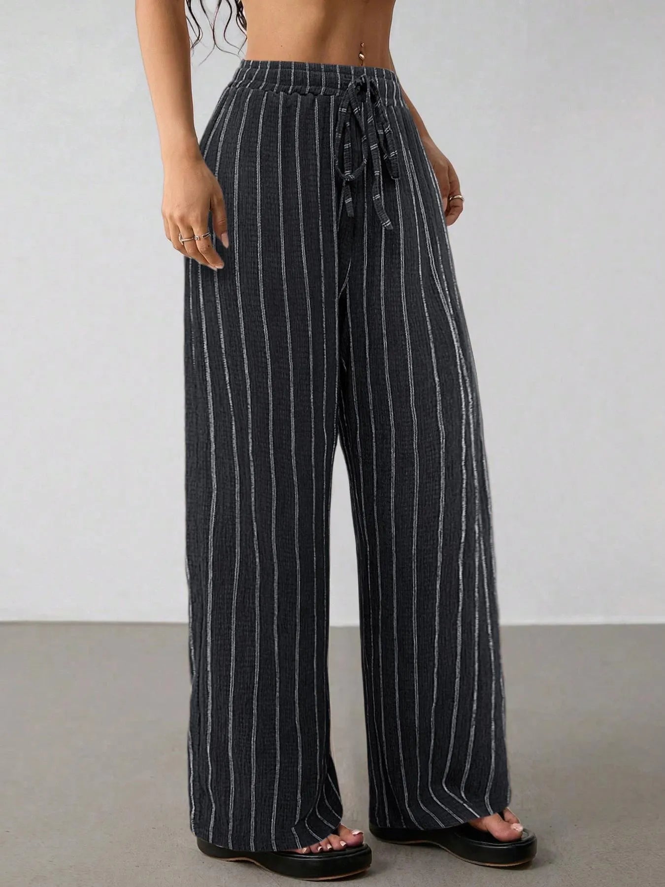 Vertical Striped Elastic Waist Wide Leg Pants