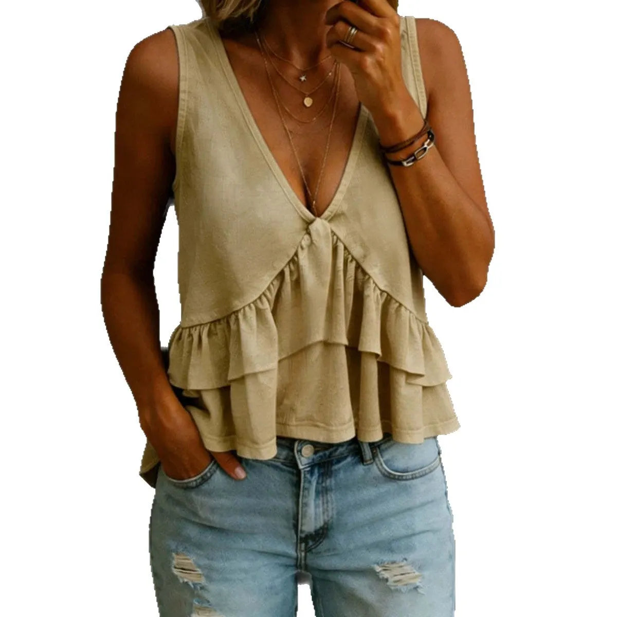 V-Neck Tiered Ruffle Sleeveless Top