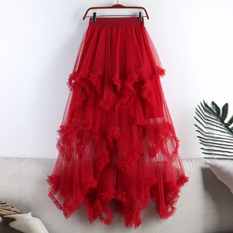 Asymmetrical Ruffle Tulle Maxi Skirt