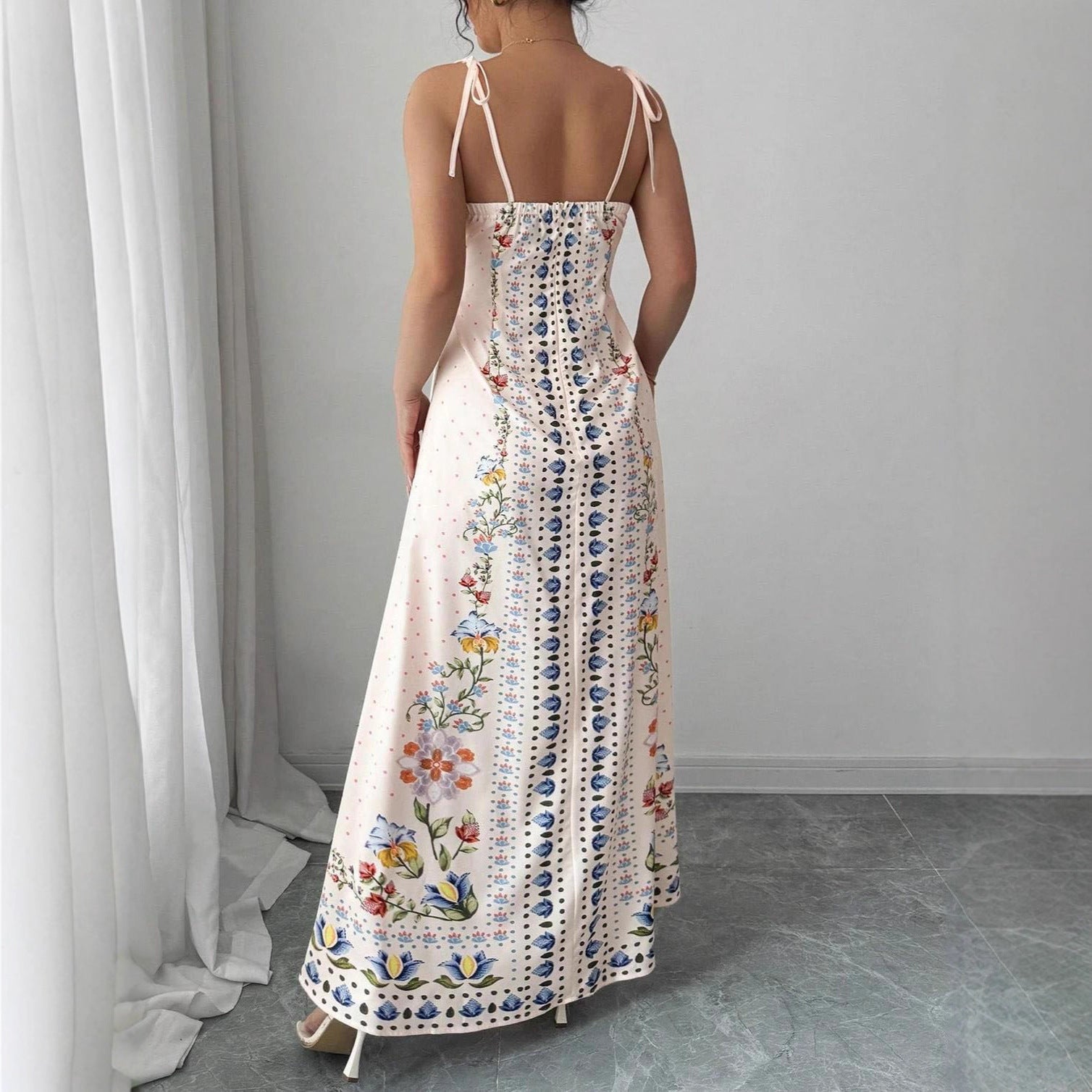 White Floral Print Tie Shoulder Maxi Dress
