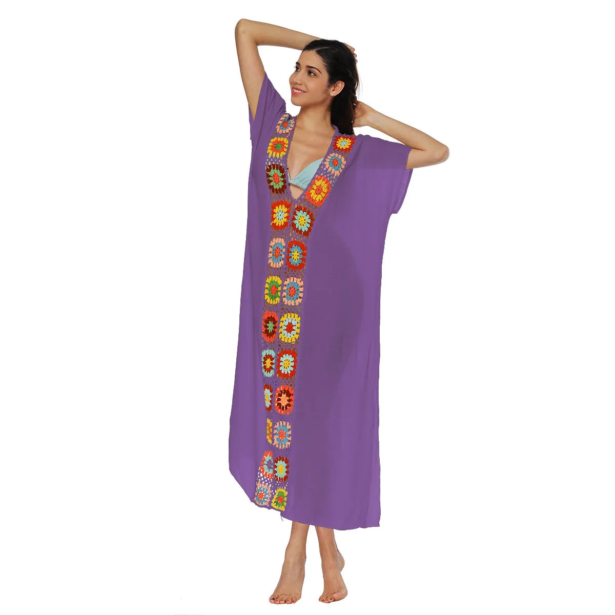 Colorful Crochet V-Neck Batwing Sleeve Loose Long Cover-Up Dress