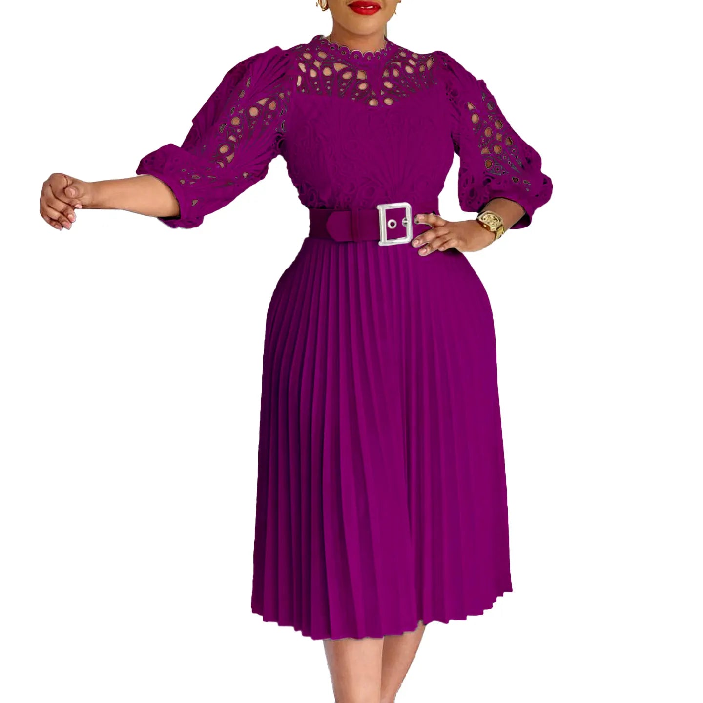 Lace Patchwork Pleated Midi Dress