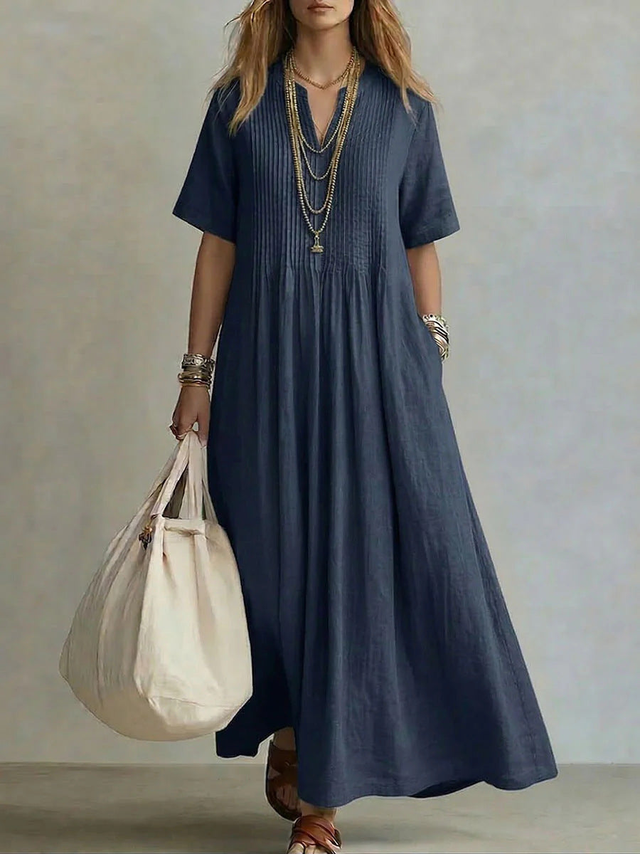 V‑Neck Short Sleeve Cotton Linen Loose Maxi Dress